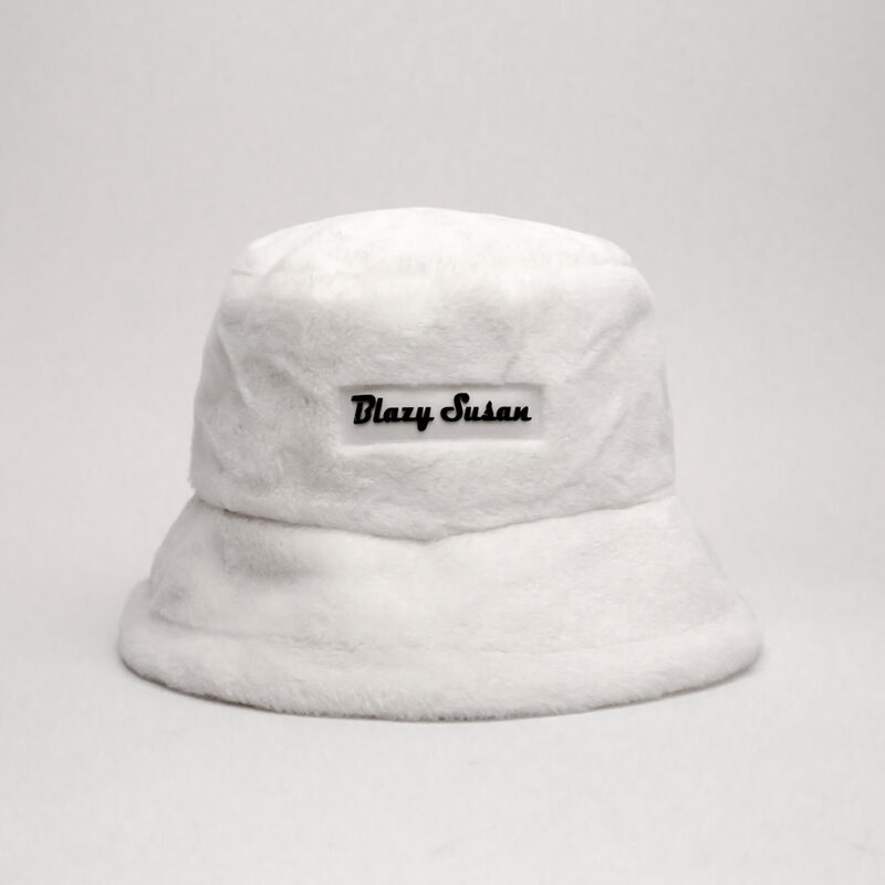 white fuzzy bucket hat