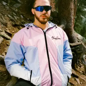 pink and purple windbreaker hood off