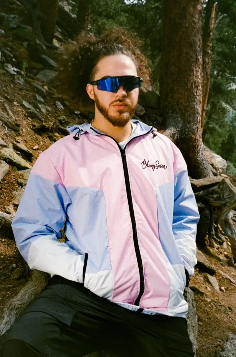 pink and purple windbreaker hood off